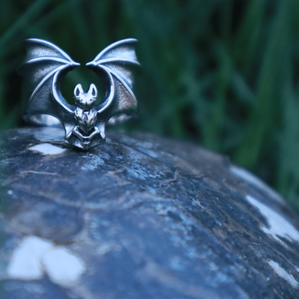 Silver Bat Ring On Turtle Shell Bone Jewelry Photo shoot