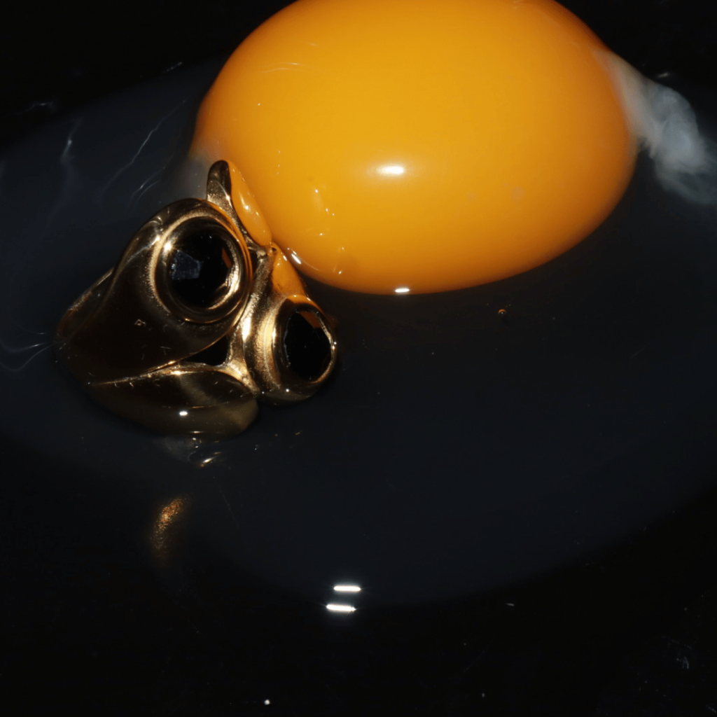 Gold Ring With Black Gemstones Next To A Raw Egg Jewelry Photo Shoot