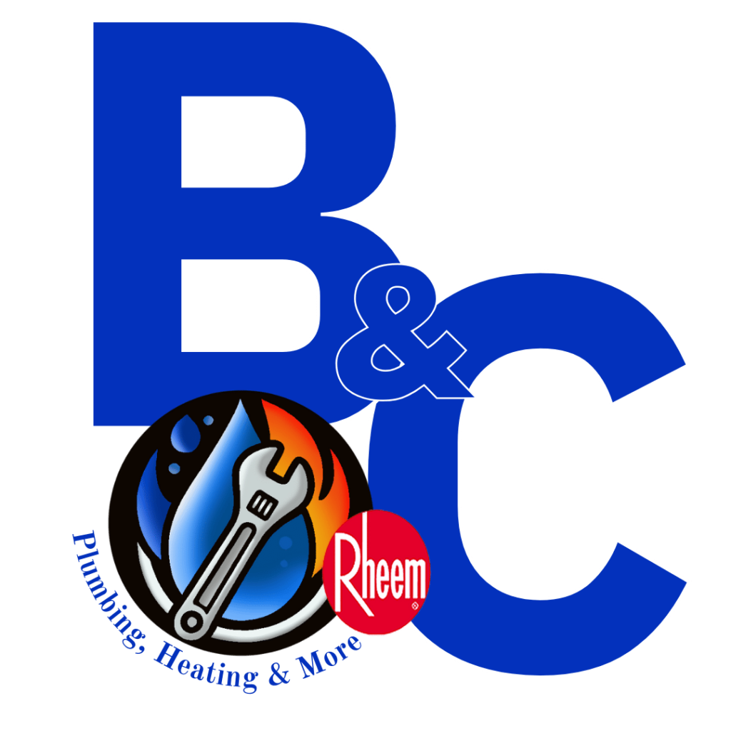 A blue logo for B&C Plumbing, Heating & More, featuring a wrench over a flame and water droplet symbol.