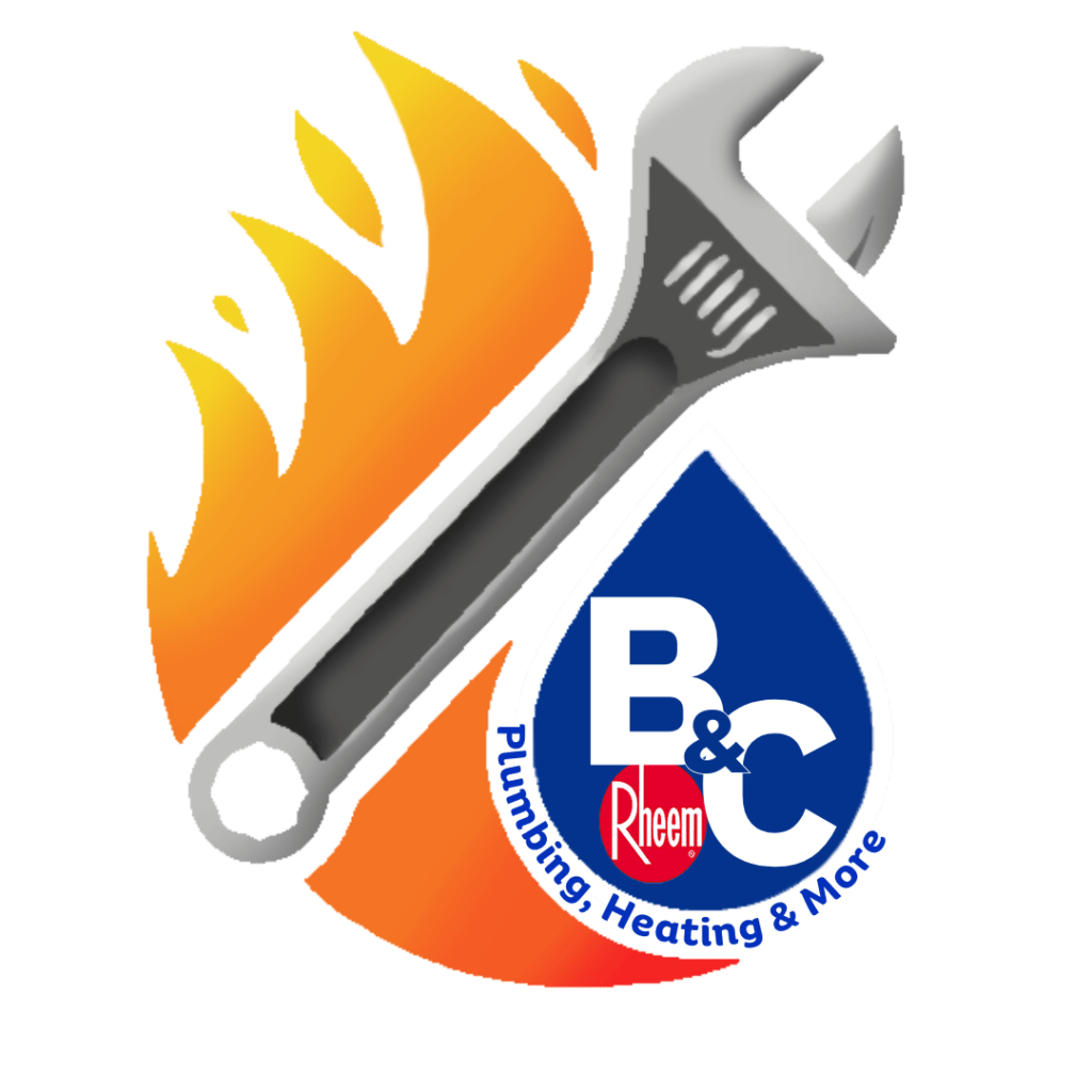 A circular logo for B&C Plumbing, Heating & More, featuring a wrench over a flame and water droplet symbol.