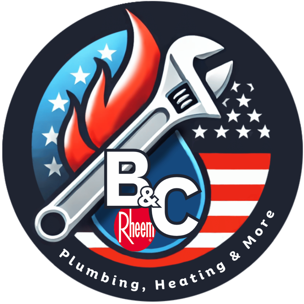 A circular logo for B&C Plumbing, Heating & More, featuring a wrench, American flag, and water droplet with fire symbol.