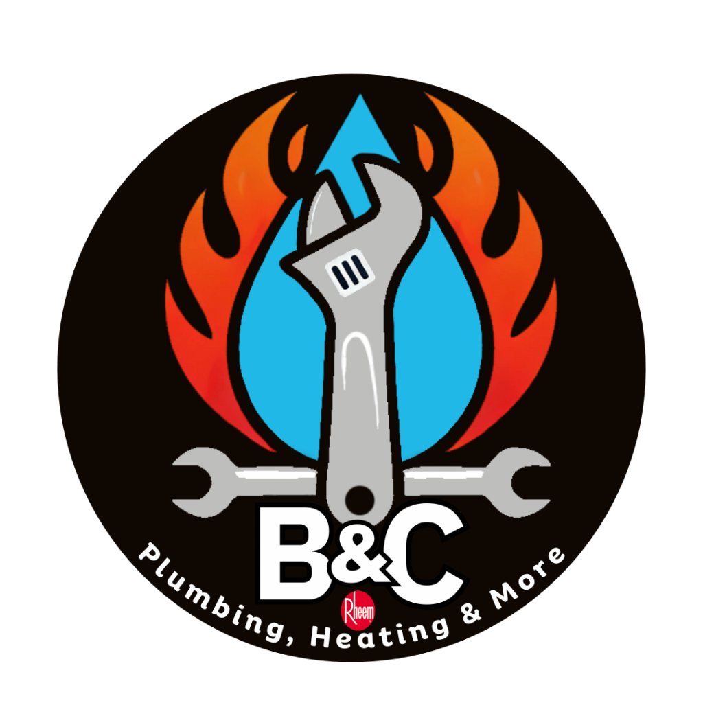 A modern B&C logo with flames, water droplets, and a wrench symbol in the center.