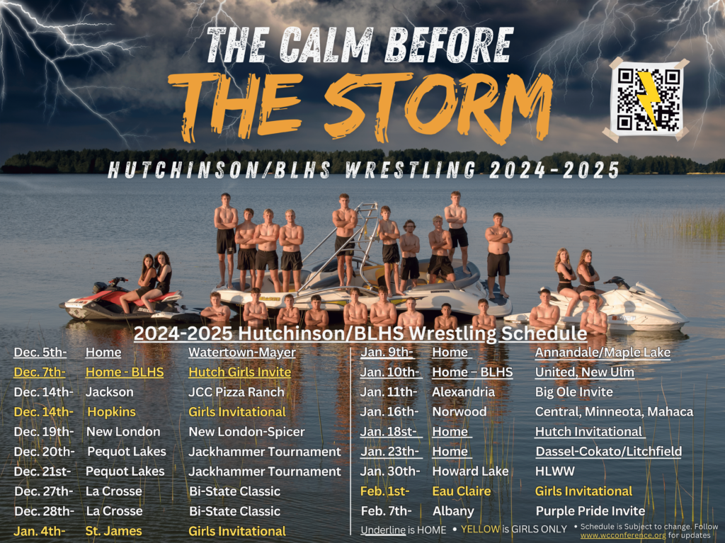 Hutchinson/BLHS Wrestling team posing on a boat and jet skis with a stormy background.