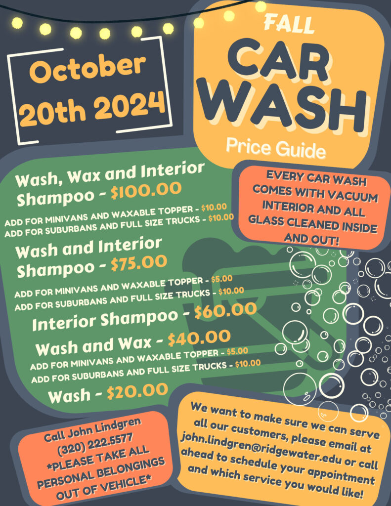 A colorful flyer advertising a fall car wash event with different service prices.